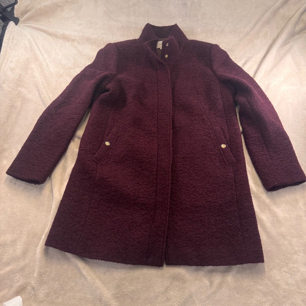 LOFT Burgundy Boucle Long Coat Gold Hardware Funnel Neck Fall Jacket SZ L - Picture 2 of 14